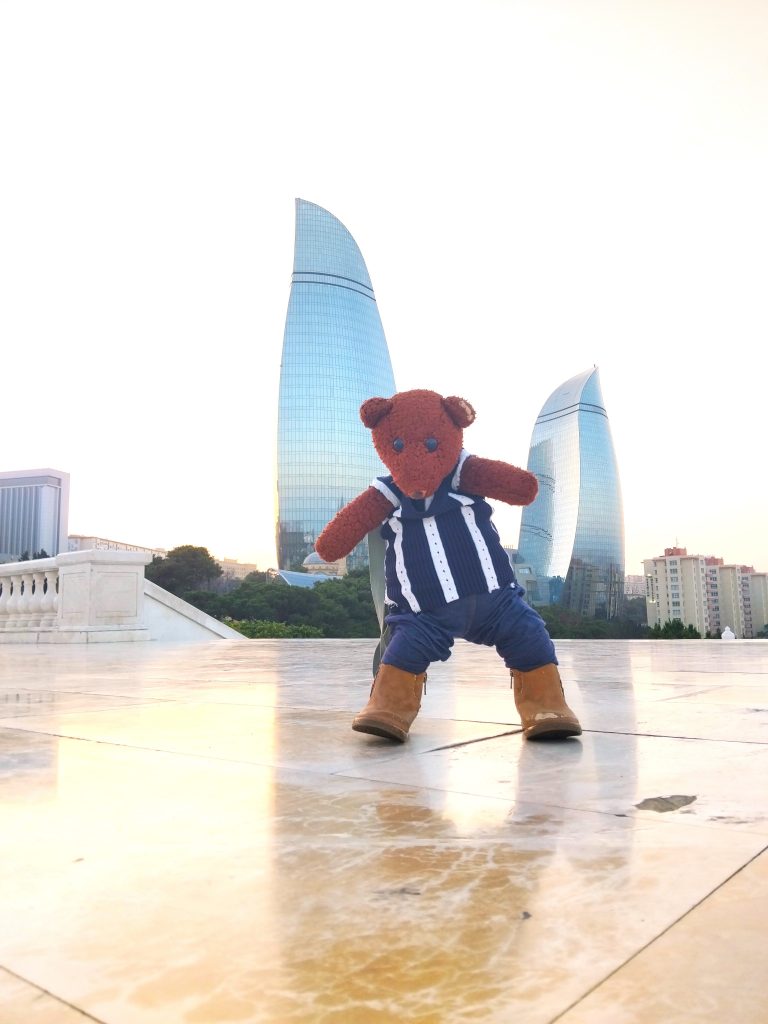 Bearsac the teddy bear in forground of the Flame Towers.