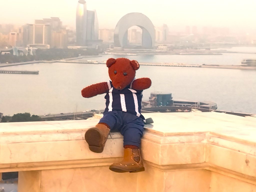 Bearsac the teddy bear in forground of a city seascape.