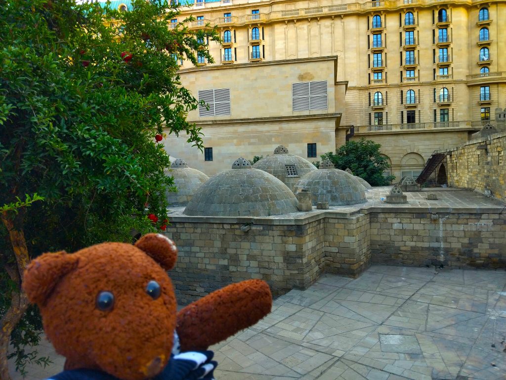 Bearsac the teddy bear in forground of domed roofs to basements