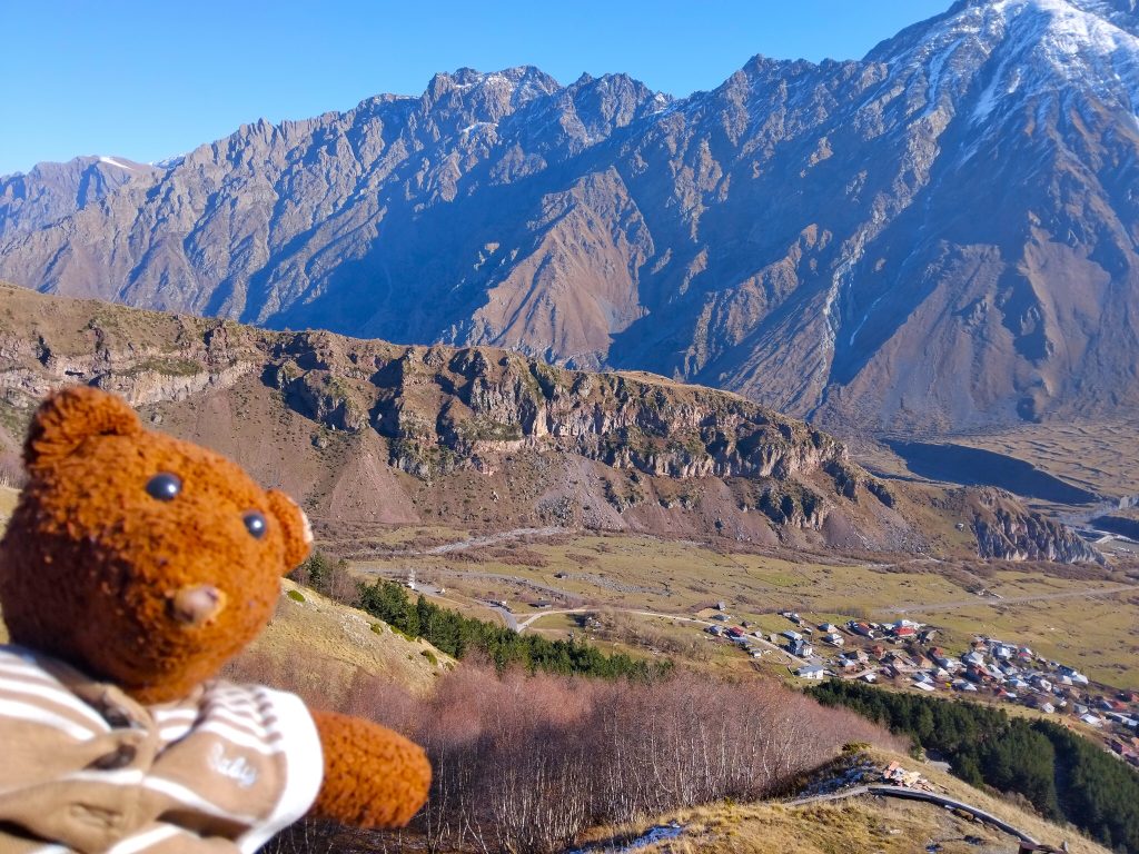 Bearsac the teddy bear in forground moutians.