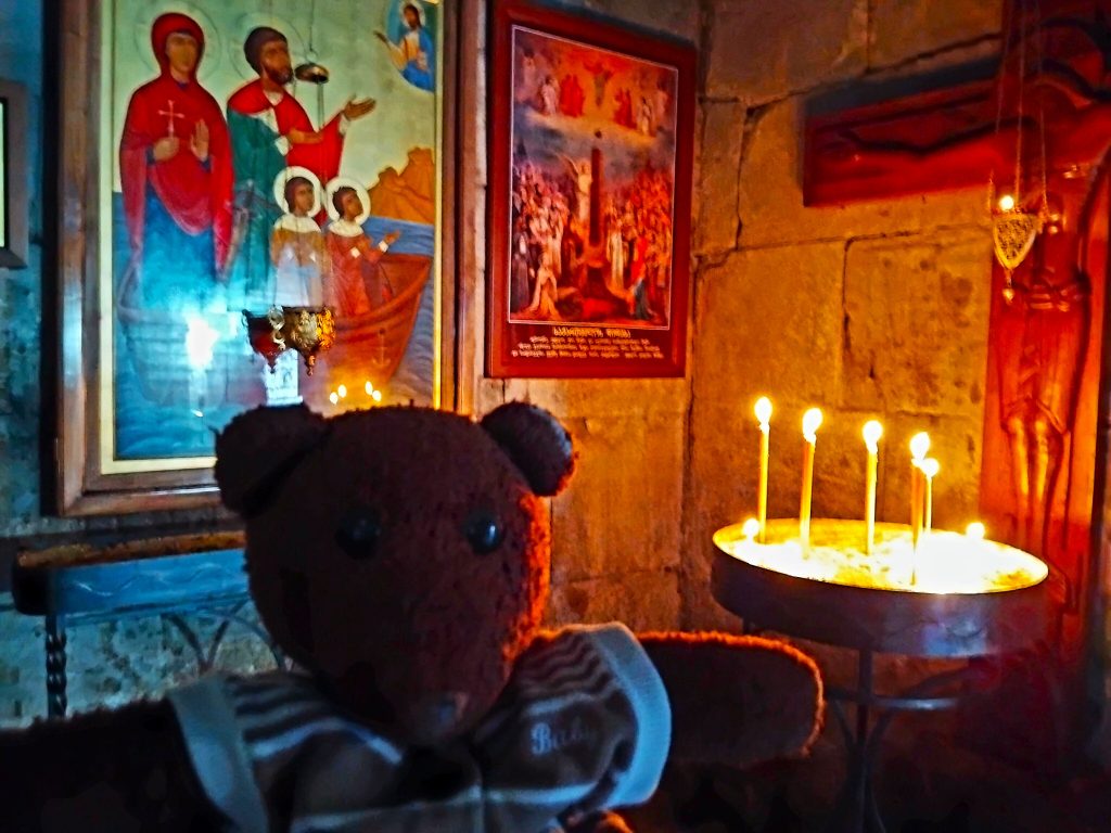 Bearsac the teddy bear inside Gergeti Trinity Church