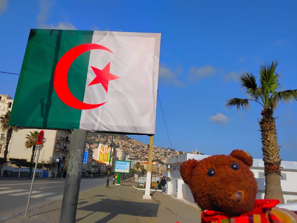 Bearsac the teddy bear in forground of a street with Algerian flag