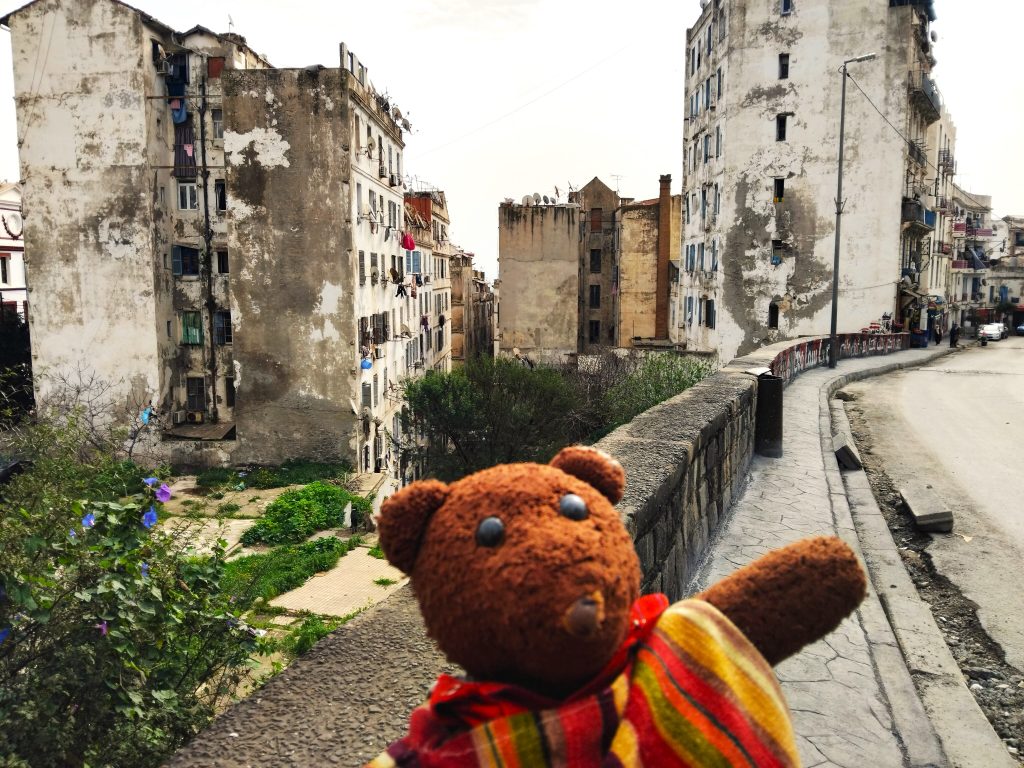 Bearsac the teddy bear in forground of partially destroyed backstreet buildings