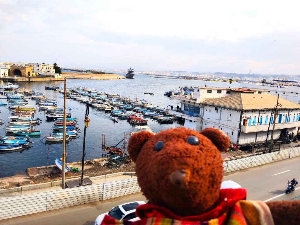Bearsac the teddy bear in forground of backstreet a harbour
