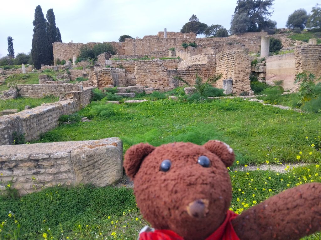 Bearsac the teddy bear in the forground of ruins