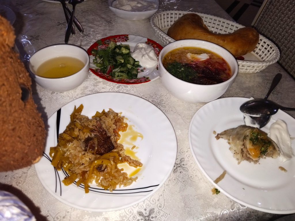 Bearsac the teddy bear in looking at a plate of Osh.