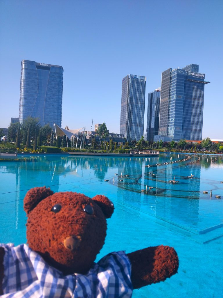 Bearsac the teddy bear in the foreground of a pool and skyscrapers