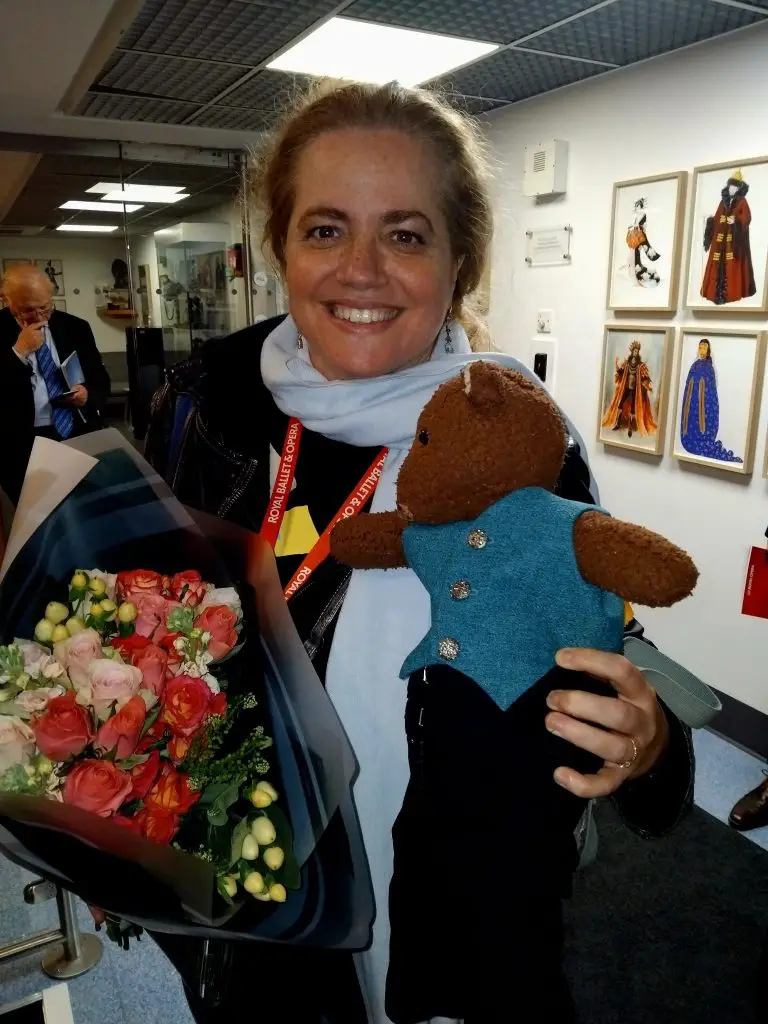 Speranza Scappucci holding Bearsac the teddy bear