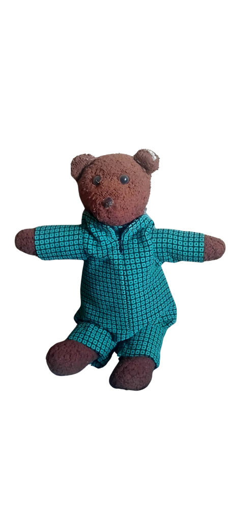 Bearsac the teddy bear wearing green and black onsie