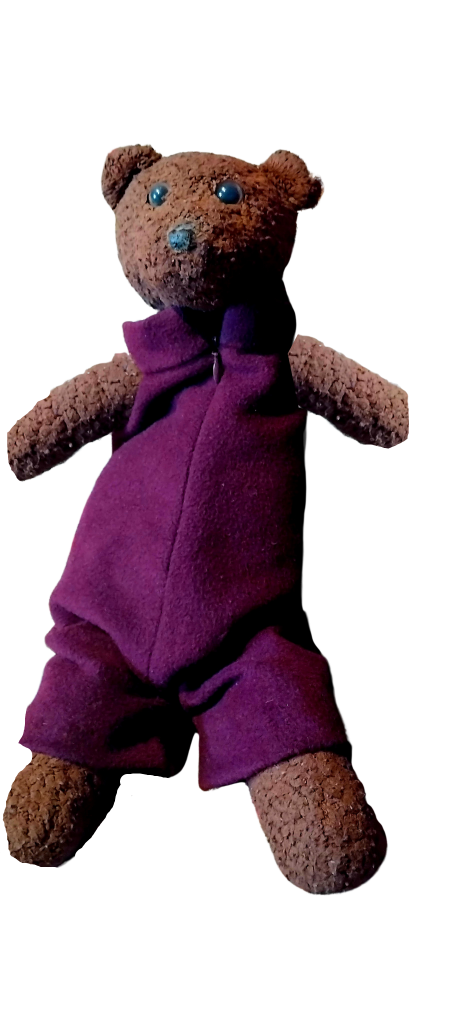 Bearsac the teddy bear wearing a maroon onesie