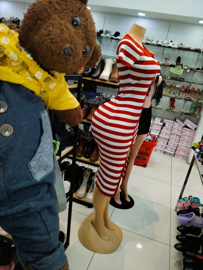 Bearsac the teddy bear in foreground of a manakin with a rather ample booty!