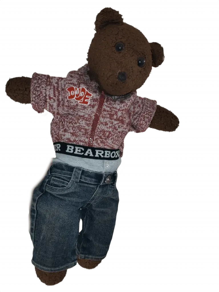 Bearasc the teddy bear wearing a red and white cardigan, blue jeas and bear boxers sticking out over the top