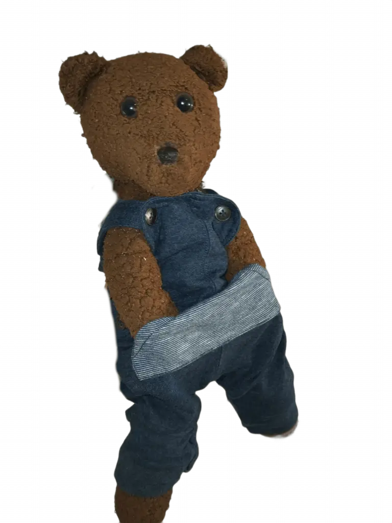 Bearasc the teddy bear wearing blue dungarees with his hands in he pockets, each side of his groin.