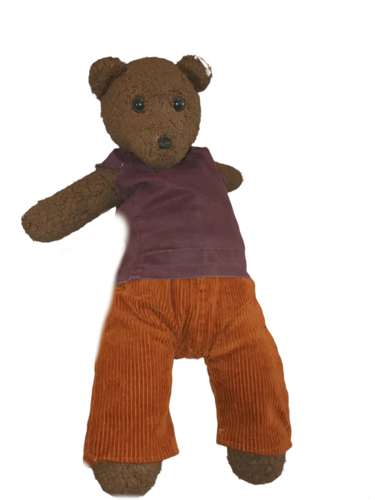 Bearsac the teddy bear wearing orange corduroy trousers and magenta top