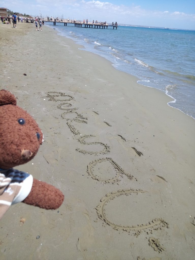 Bearsac the teddy bear in forground of his name written in the sand