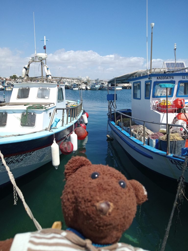 Bearsac the teddy bear in forground of boats in the harbour