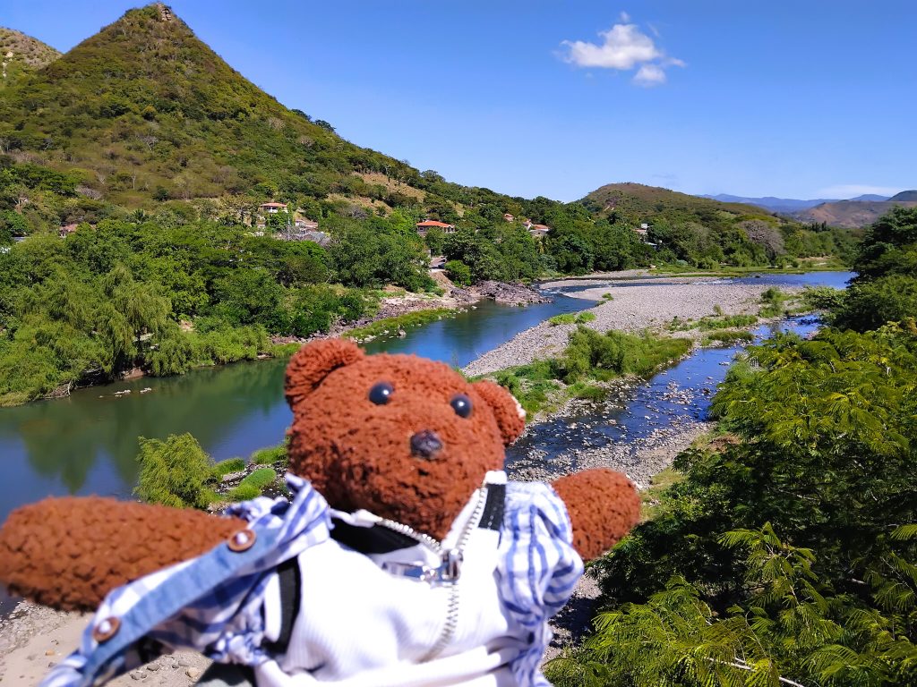 Bearsac the teddy bear in foreground of a river and mountains.