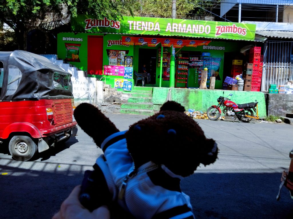 Bearsac the teddy bear in foreground of a bright green shop