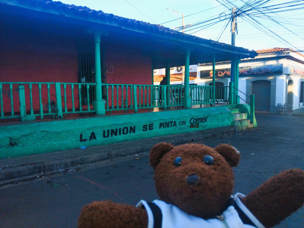 Bearsac the teddy bear in foreground of an orange and green house