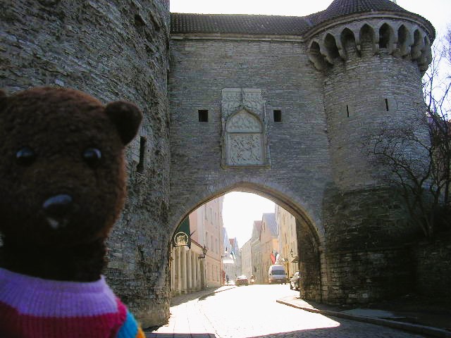 Bearsac in forground of a arch