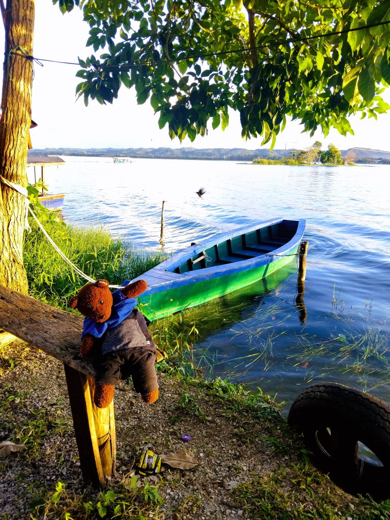 Bearsac the teddy bear in foreground of a small moored boat on a lake.
