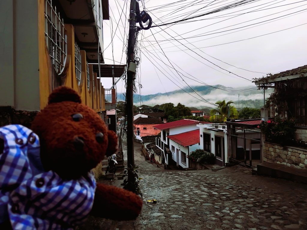 Bearsac the teddy bear in foreground of a stoney road with misty backgrond scene in the disatnce.