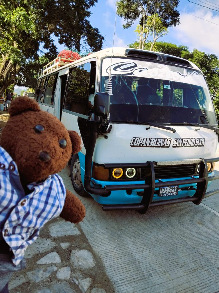 Bearsac the teddy bear in foreground of a combi bus.