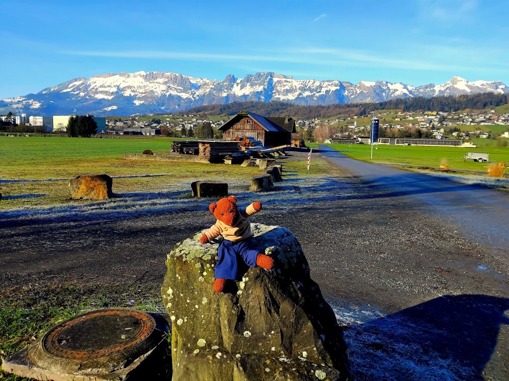 Bearsac the teddy bear in forground of a countryside and moutains scene