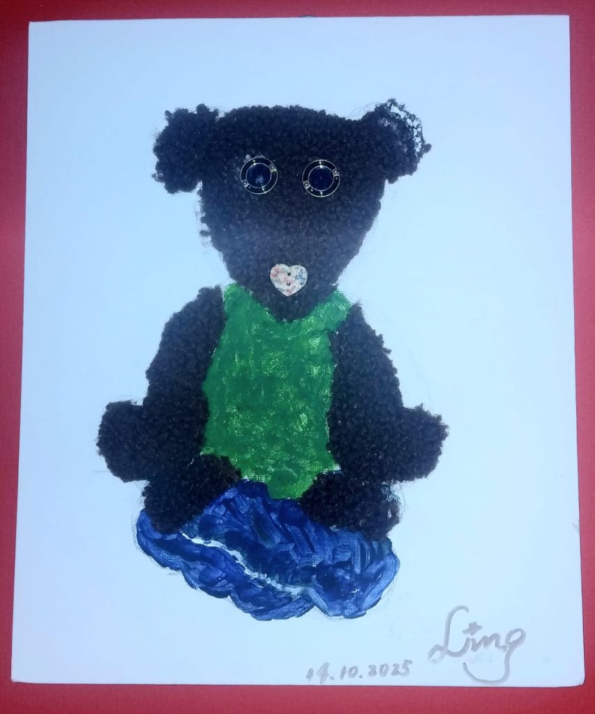 Fabric and paint portrait of Bearsac the teddy bear.