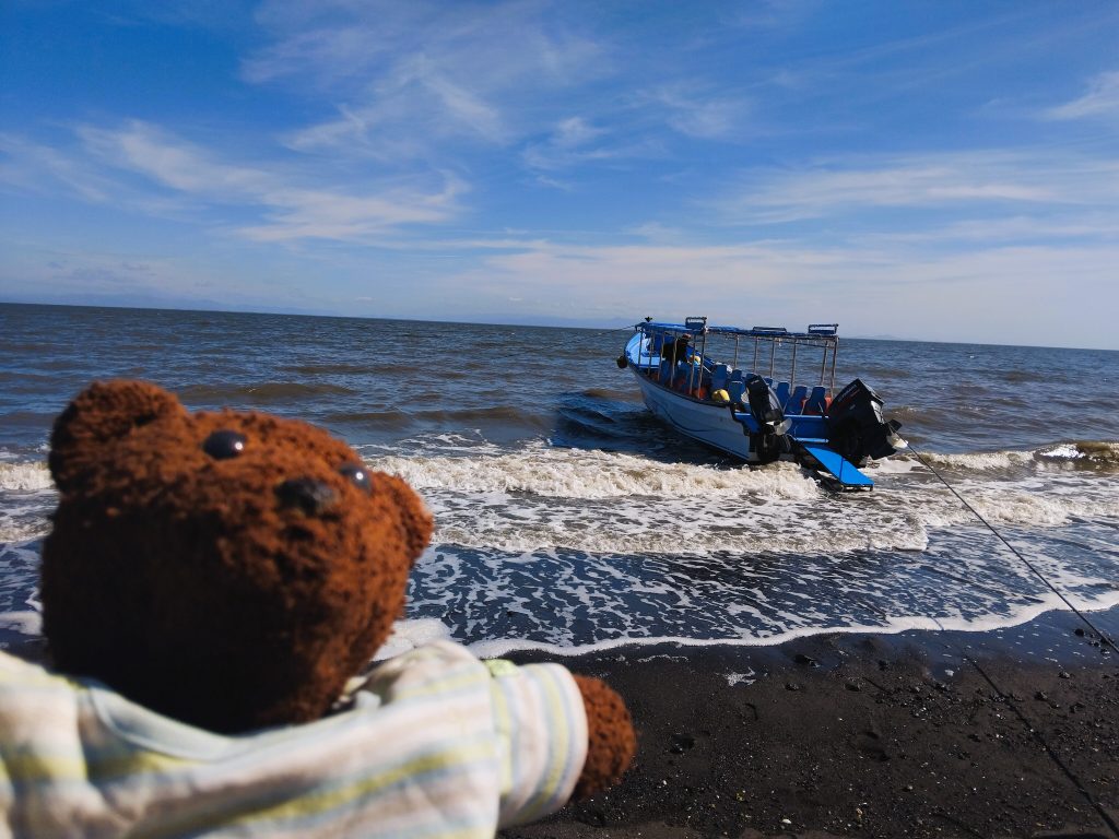 Bearsac the teddy bear in foreground of a small boat on the shore.