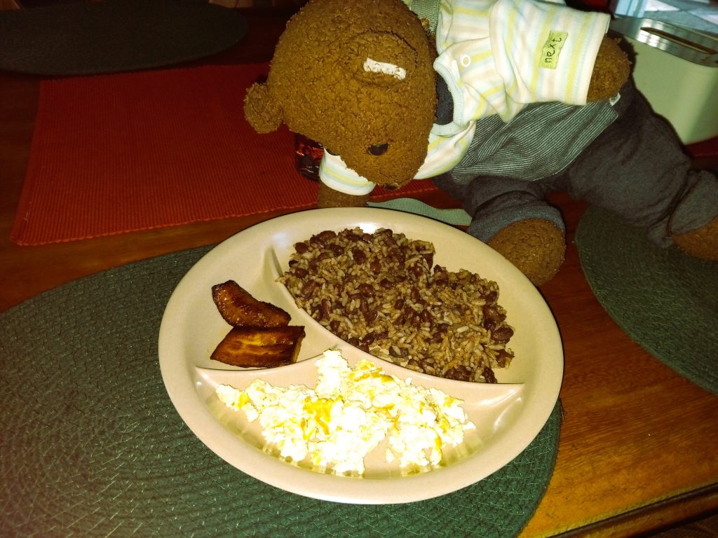 Bearsac the teddy bear witha plate of rice 'n' Peas and other food.