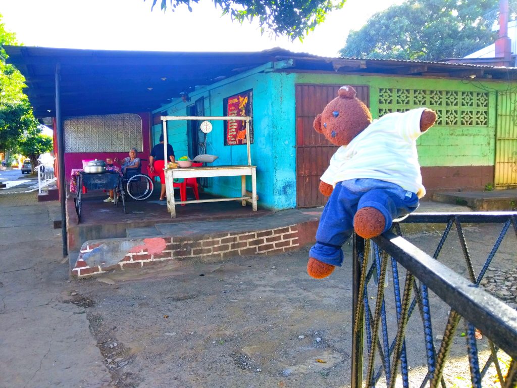 Bearsac the teddy bear in foreground of a bright blue and green housewith two women on the porch.