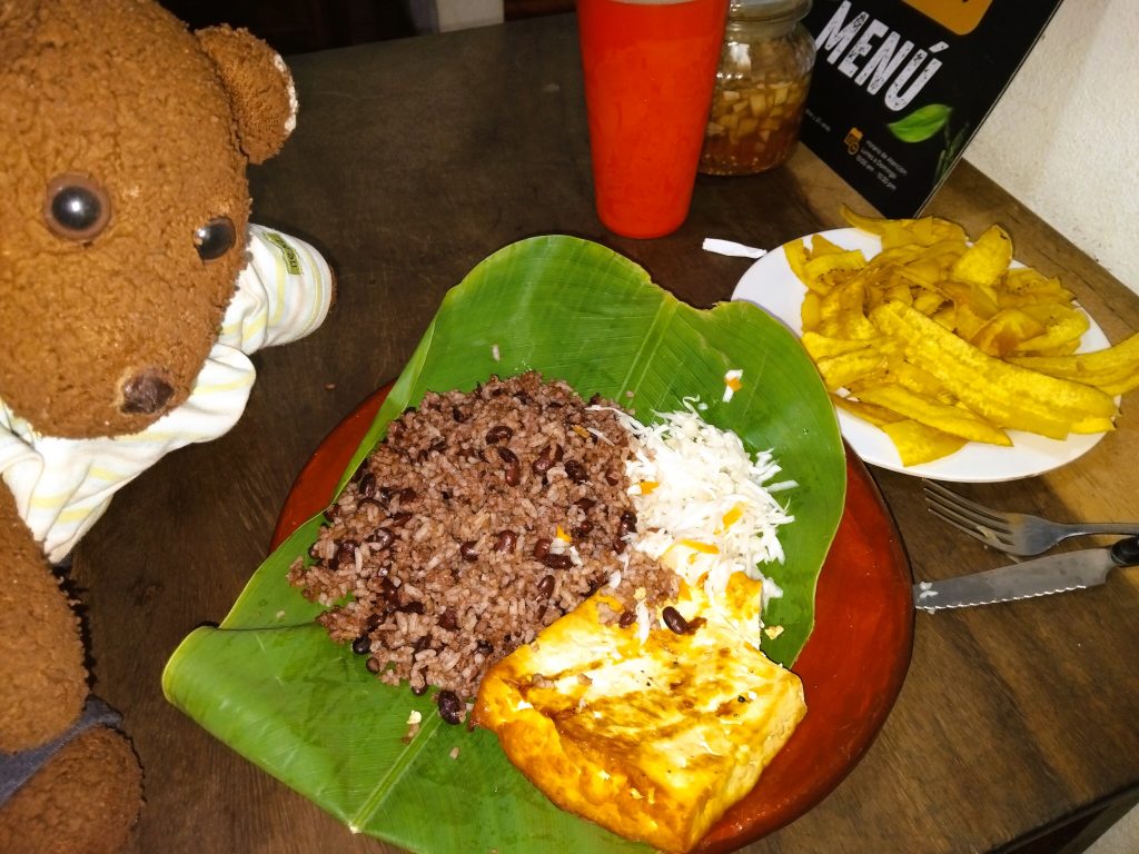 Bearsac the teddy bear in foreground of food ona large leaf as a plate.