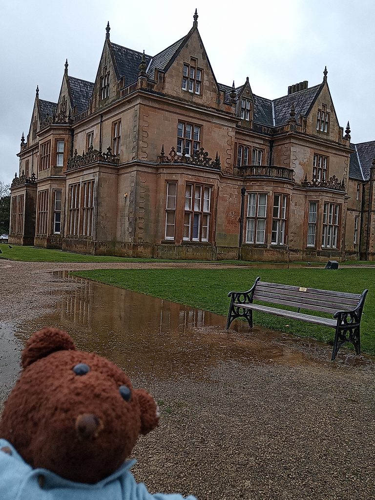 Bearsac the teddy bear in forground of Bangor Castle City Hall