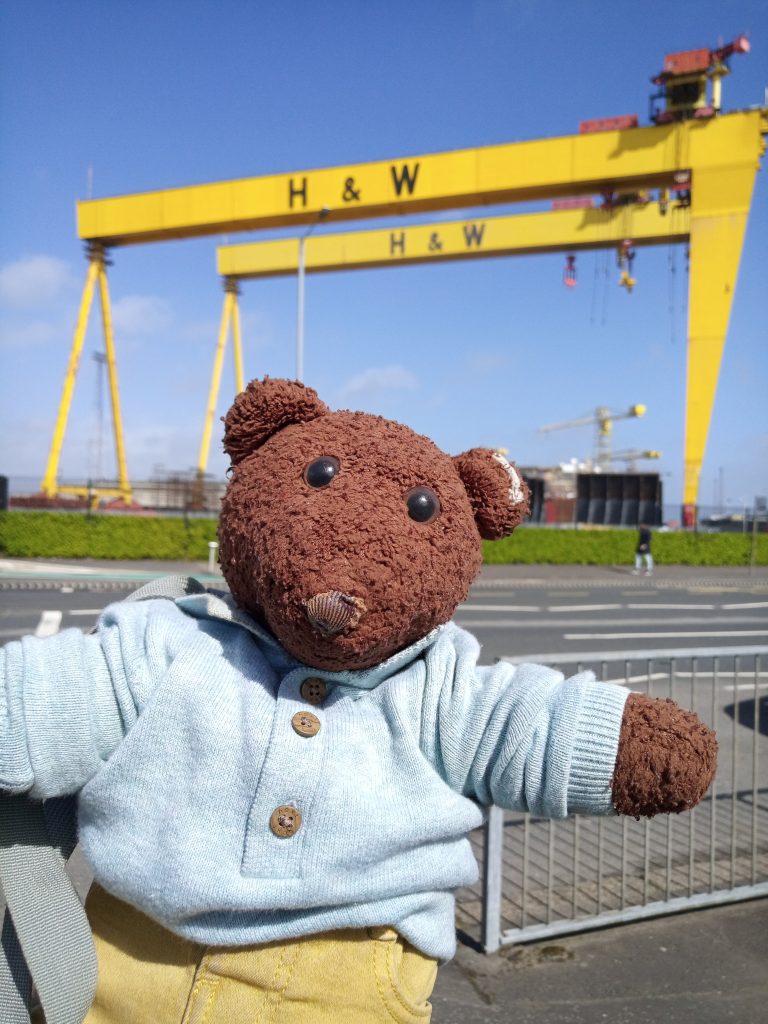 Bearsac the teddy bear in forground of Belfast HW Cranes