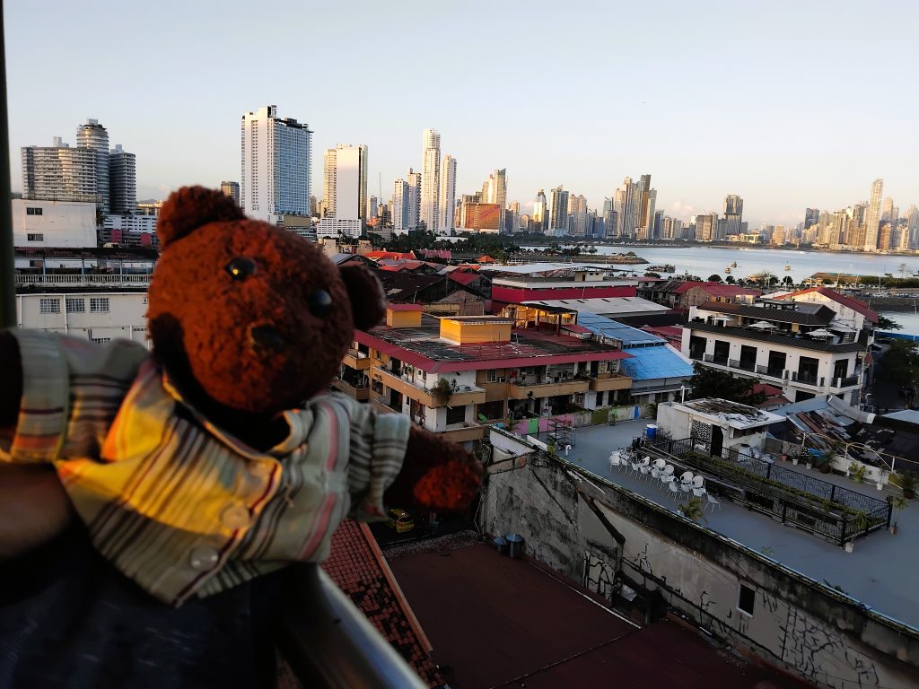 Bearsac the teddy bear in foreground of a city scene.