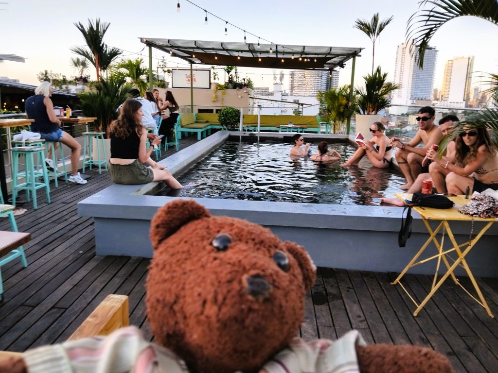 Bearsac the teddy bear in foreground of a small swimming pool.