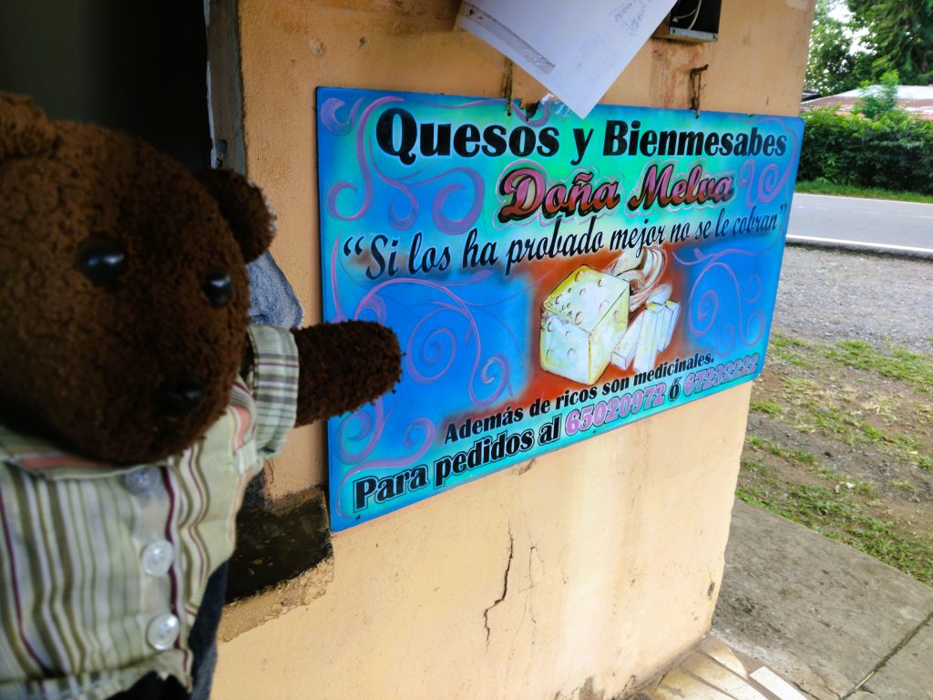 Bearsac the teddy bear in foreground of a quesos y Bienmaesabes shop.
