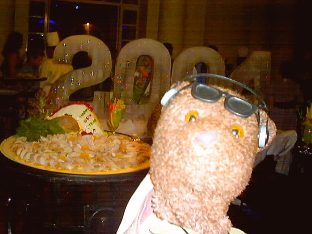 Bearsac the teddy bear in forground of an ice-sculture of 2004