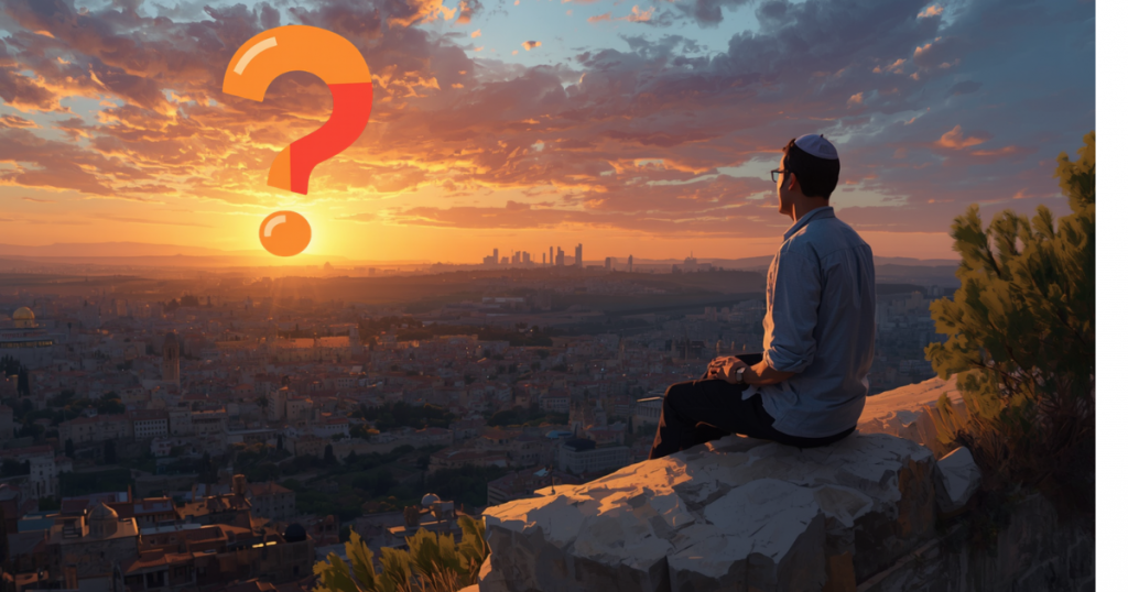 A man wearing a yamalk sits ona wall overlooking the town at sunset. There is an orange question mark with the dot doas the sun.
