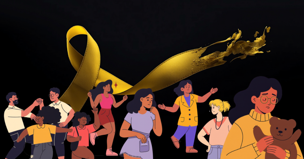 People dancing whilst a woman holding a teddy bear looks a bit sad. A yelow ribbon is in the background.