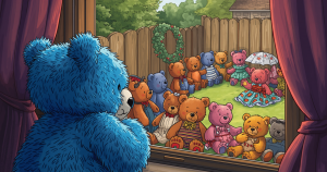 Image of teddy bear looking out of the window to lots of teddy bears in the garden.
