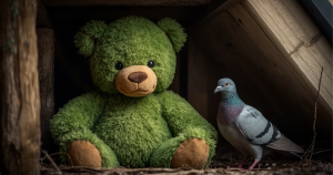 A teddy bear and pigeon in a loft