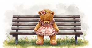 Image of a teddy bear with a sunken head. It wear a frill pink dolls' dress.