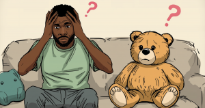 Image of a man and a teddy bear sitting next to each other ona sofa. Each has a question mark by their head.