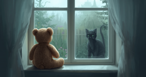 A teddy bear looking out of the window at a scrary cat, which stares back.