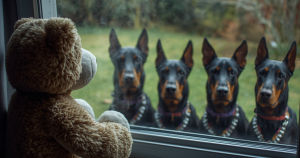 A teddy bear looking out of the window at 4 Doberman dogs.