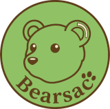Bearsac logo and home page link. Brown outline of Bearsacc's head and name on a green background.